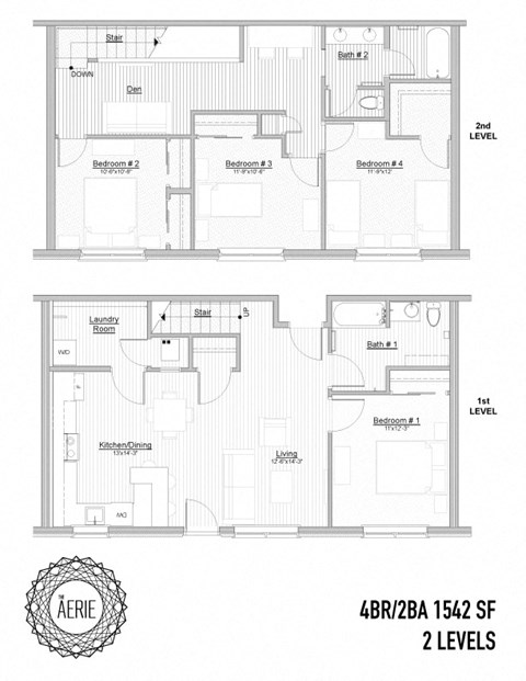 Floor plan for 4 beds, 2 baths, 1542 sqft